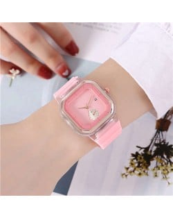 Simple Square Design Casual Fashion Silicone Band Women Wrist Costume Watch - Pink