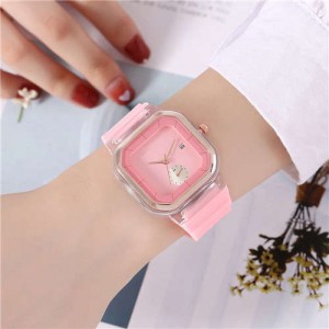 Simple Square Design Casual Fashion Silicone Band Women Wrist Costume Watch - Pink