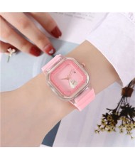 Simple Square Design Casual Fashion Silicone Band Women Wrist Costume Watch - Pink