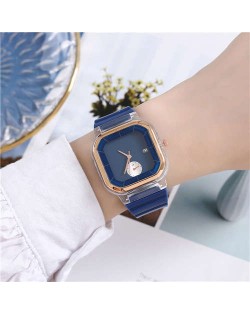 Simple Square Design Casual Fashion Silicone Band Women Wrist Costume Watch - Blue