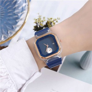 Simple Square Design Casual Fashion Silicone Band Women Wrist Costume Watch - Blue