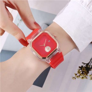 Simple Square Design Casual Fashion Silicone Band Women Wrist Costume Watch - Red