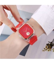Simple Square Design Casual Fashion Silicone Band Women Wrist Costume Watch - Red