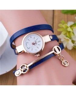 Three-layer Strap Rhinestone Pendant Leather Women Bracelet Watch - Blue