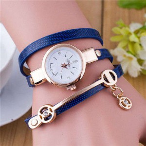 Three-layer Strap Rhinestone Pendant Leather Women Bracelet Watch - Blue