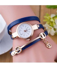 Three-layer Strap Rhinestone Pendant Leather Women Bracelet Watch - Blue