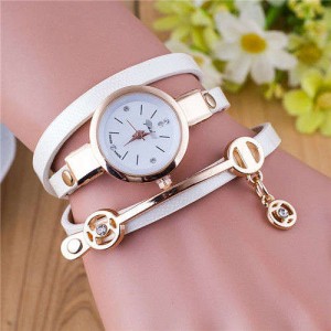 Three-layer Strap Rhinestone Pendant Leather Women Bracelet Watch - White