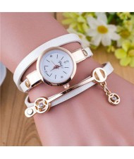 Three-layer Strap Rhinestone Pendant Leather Women Bracelet Watch - White