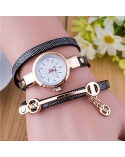 Three-layer Strap Rhinestone Pendant Leather Women Bracelet Watch - Black