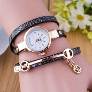 Three-layer Strap Rhinestone Pendant Leather Women Bracelet Watch - Black
