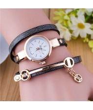 Three-layer Strap Rhinestone Pendant Leather Women Bracelet Watch - Black