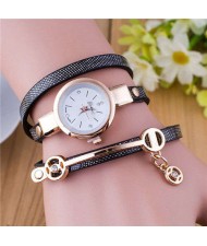 Three-layer Strap Rhinestone Pendant Leather Women Bracelet Watch - Black