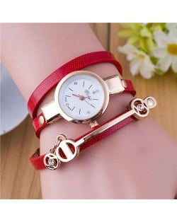 Three-layer Strap Rhinestone Pendant Leather Women Bracelet Watch - Red