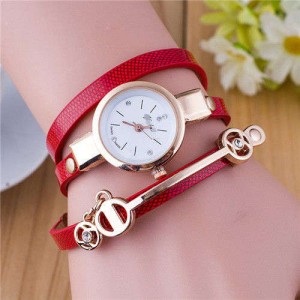 Three-layer Strap Rhinestone Pendant Leather Women Bracelet Watch - Red