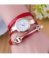 Three-layer Strap Rhinestone Pendant Leather Women Bracelet Watch - Red