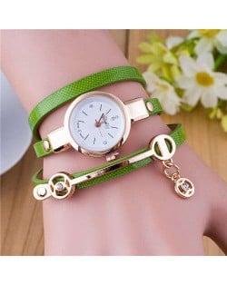 Three-layer Strap Rhinestone Pendant Leather Women Bracelet Watch - Green