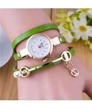 Three-layer Strap Rhinestone Pendant Leather Women Bracelet Watch - Green