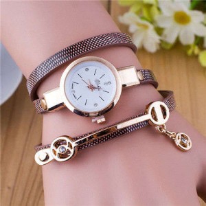 Three-layer Strap Rhinestone Pendant Leather Women Bracelet Watch - Brown