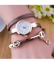 Three-layer Strap Rhinestone Pendant Leather Women Bracelet Watch - Brown