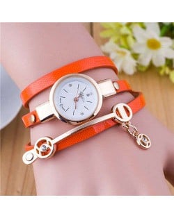 Three-layer Strap Rhinestone Pendant Leather Women Bracelet Watch - Orange