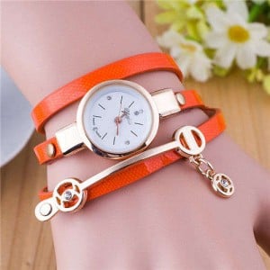 Three-layer Strap Rhinestone Pendant Leather Women Bracelet Watch - Orange