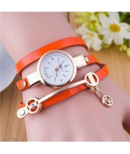 Three-layer Strap Rhinestone Pendant Leather Women Bracelet Watch - Orange