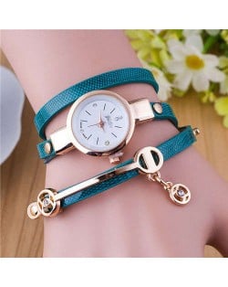 Three-layer Strap Rhinestone Pendant Leather Women Bracelet Watch - Teal