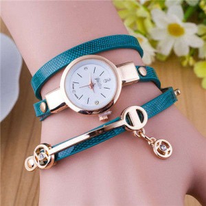 Three-layer Strap Rhinestone Pendant Leather Women Bracelet Watch - Teal