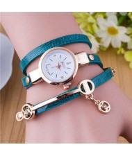 Three-layer Strap Rhinestone Pendant Leather Women Bracelet Watch - Teal