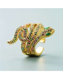 Snake Shape Design Cubic Zirconia Embeded Bold Fashion Statement Ring - Multicolor