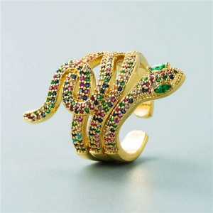 Snake Shape Design Cubic Zirconia Embeded Bold Fashion Statement Ring - Multicolor