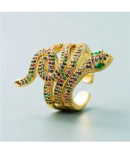 Snake Shape Design Cubic Zirconia Embeded Bold Fashion Statement Ring - Multicolor