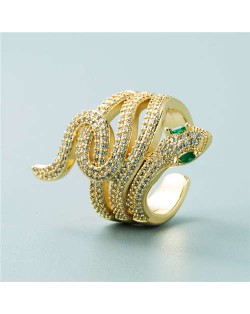 Snake Shape Design Cubic Zirconia Embeded Bold Fashion Statement Ring - White