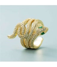 Snake Shape Design Cubic Zirconia Embeded Bold Fashion Statement Ring - White