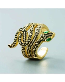 Snake Shape Design Cubic Zirconia Embeded Bold Fashion Statement Ring - Black