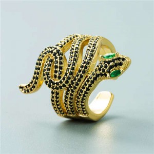 Snake Shape Design Cubic Zirconia Embeded Bold Fashion Statement Ring - Black