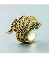 Snake Shape Design Cubic Zirconia Embeded Bold Fashion Statement Ring - Black