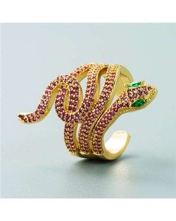 Snake Shape Design Cubic Zirconia Embeded Bold Fashion Statement Ring - Pink