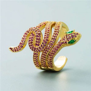 Snake Shape Design Cubic Zirconia Embeded Bold Fashion Statement Ring - Pink