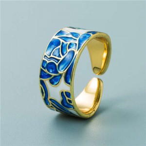 Colorful Oil-spot Glaze Wide Version Gold Plated Copper Women Ring - Blue