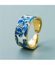 Colorful Oil-spot Glaze Wide Version Gold Plated Copper Women Ring - Blue