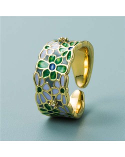 Colorful Oil-spot Glaze Wide Version Gold Plated Copper Women Ring - Green