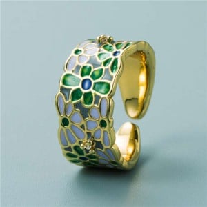 Colorful Oil-spot Glaze Wide Version Gold Plated Copper Women Ring - Green