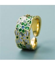 Colorful Oil-spot Glaze Wide Version Gold Plated Copper Women Ring - Green