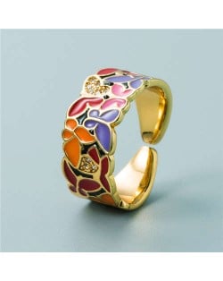 Colorful Oil-spot Glaze Wide Version Gold Plated Copper Women Ring - Butterfly