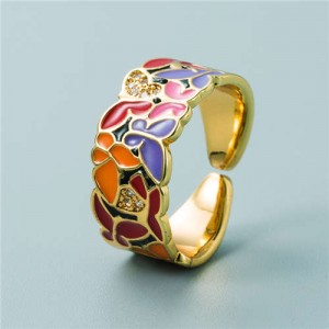 Colorful Oil-spot Glaze Wide Version Gold Plated Copper Women Ring - Butterfly