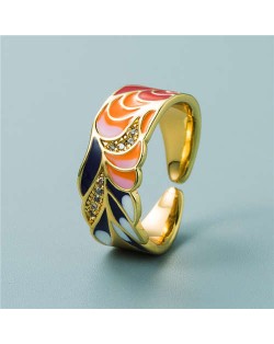 Colorful Oil-spot Glaze Wide Version Gold Plated Copper Women Ring - Leaves