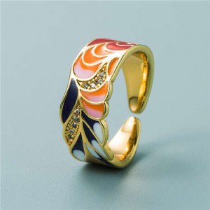 Colorful Oil-spot Glaze Wide Version Gold Plated Copper Women Ring - Leaves