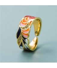 Colorful Oil-spot Glaze Wide Version Gold Plated Copper Women Ring - Leaves