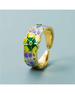 Colorful Oil-spot Glaze Wide Version Gold Plated Copper Women Ring - Flower